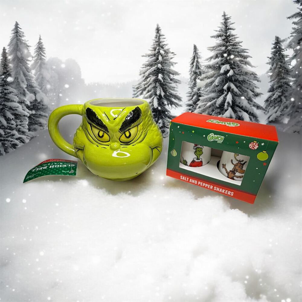 Dr. Seuss The Grinch 3D Sculpted Face Mug, Salt & Pepper Shakers Christmas Set